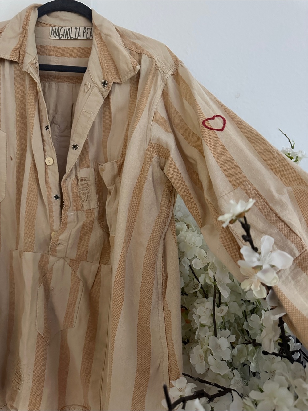 Magnolia Pearl Cream and Tan Striped Tunic with Embroidered Heart